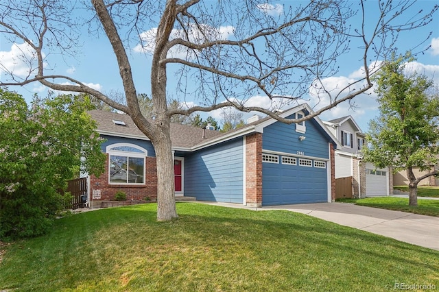 view of front of property with brick siding, driveway, an attached garage, and roof with shingles