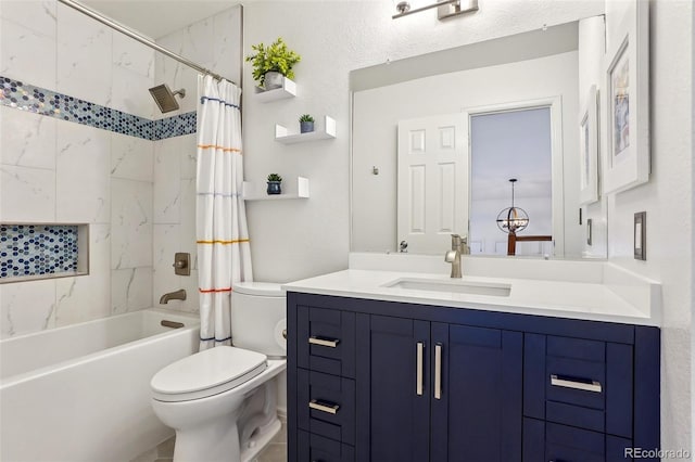 bathroom with toilet, shower / bathtub combination with curtain, and vanity