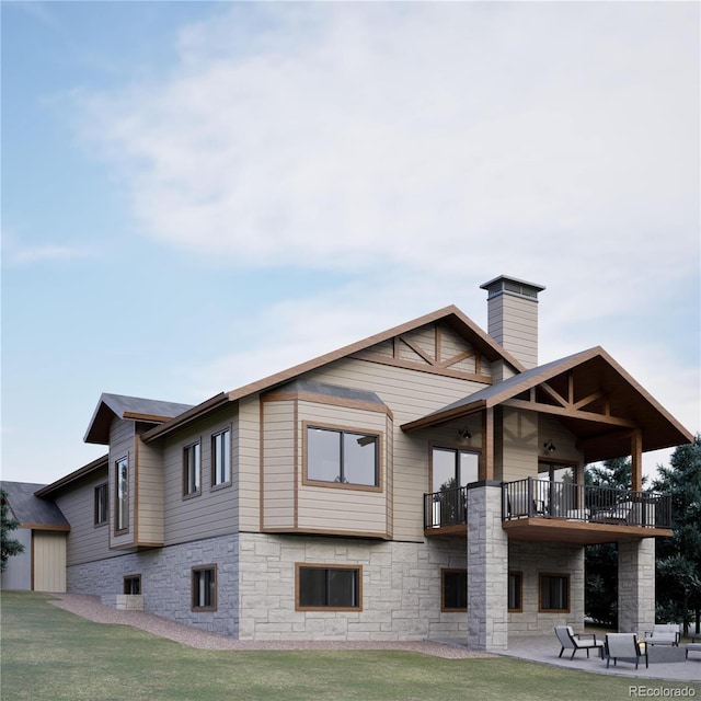 rear view of property with a balcony, a chimney, a patio, and a lawn