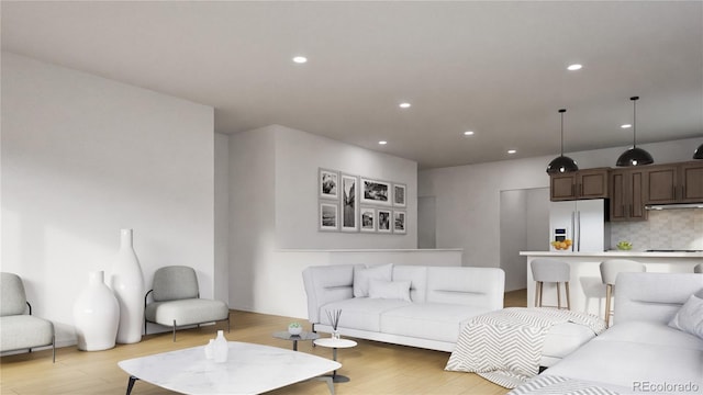 living room featuring light wood-style flooring and recessed lighting