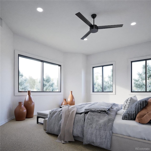 bedroom with recessed lighting, multiple windows, carpet flooring, and a ceiling fan