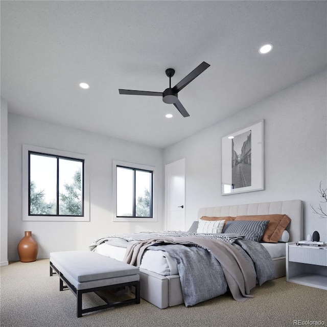 bedroom with carpet floors, recessed lighting, and a ceiling fan