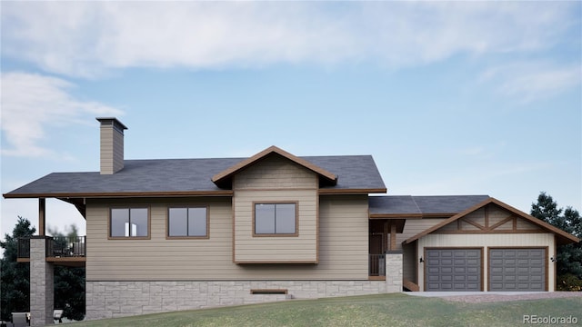 craftsman-style home featuring an attached garage, a chimney, a balcony, and a front lawn