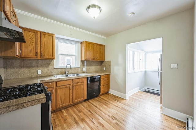 kitchen with dishwasher, sink, light wood-type flooring, tasteful backsplash, and range with gas stovetop