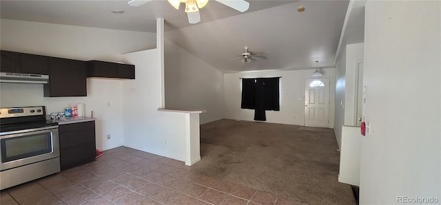 kitchen featuring ceiling fan, stainless steel range with electric stovetop, light carpet, and extractor fan