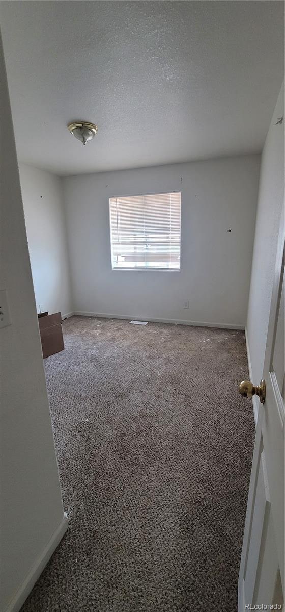 unfurnished room with a textured ceiling and carpet flooring