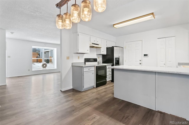 kitchen featuring a textured ceiling, white cabinets, decorative light fixtures, electric stove, and dark hardwood / wood-style floors