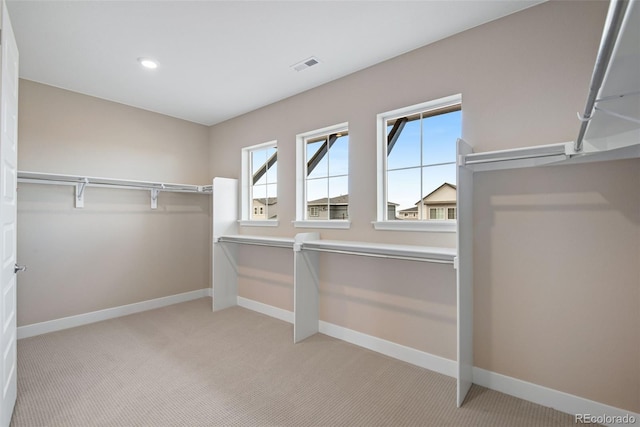 walk in closet with light carpet