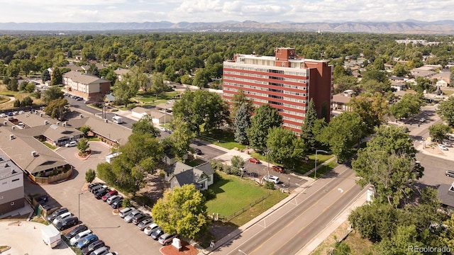 drone / aerial view featuring a mountain view and a view of trees