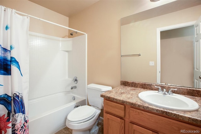 full bathroom with toilet, shower / bathtub combination with curtain, and vanity