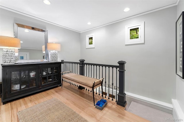 3341 Newton St, Denver, CO 80211 - corridor featuring wood finished floors, crown molding, and recessed lighting