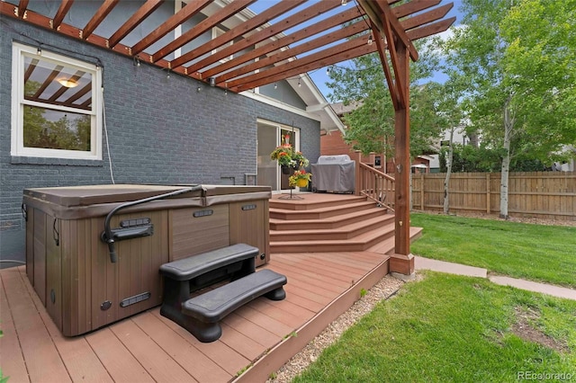 3341 Newton St, Denver, CO 80211 - wooden terrace featuring a hot tub, area for grilling, and a pergola