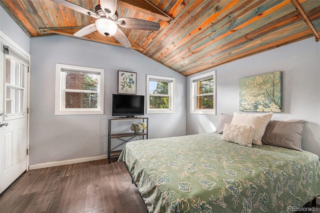 bedroom featuring wood ceiling, a ceiling fan, wood-type flooring, lofted ceiling, and baseboards