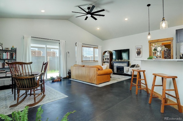 146 Raven Way, Buena Vista, CO 81211 - living room with a ceiling fan, lofted ceiling, finished concrete flooring, a fireplace, and recessed lighting