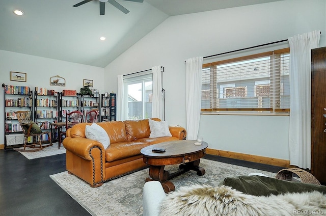 146 Raven Way, Buena Vista, CO 81211 - living room featuring a ceiling fan, vaulted ceiling, baseboards, recessed lighting, and concrete floors
