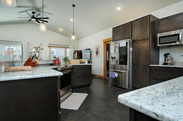 146 Raven Way, Buena Vista, CO 81211 - kitchen with appliances with stainless steel finishes, ceiling fan, dark brown cabinetry, recessed lighting, and hanging light fixtures