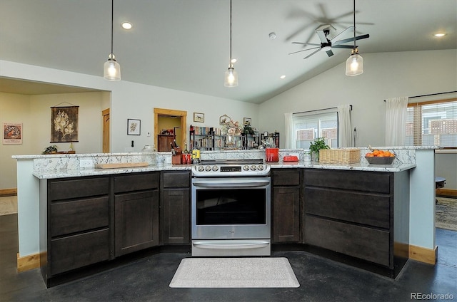 146 Raven Way, Buena Vista, CO 81211 - kitchen featuring stainless steel electric stove, vaulted ceiling, a ceiling fan, hanging light fixtures, and baseboards