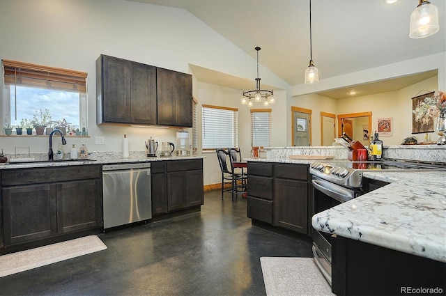 146 Raven Way, Buena Vista, CO 81211 - kitchen featuring stainless steel appliances, a sink, vaulted ceiling, a chandelier, and concrete floors