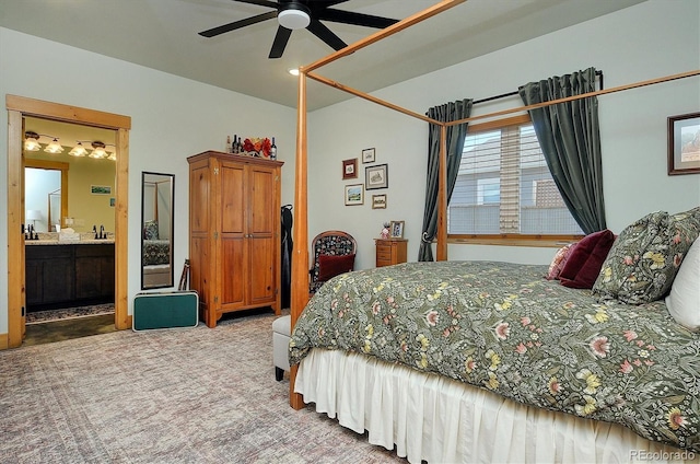 146 Raven Way, Buena Vista, CO 81211 - carpeted bedroom with ensuite bathroom, lofted ceiling, and a ceiling fan
