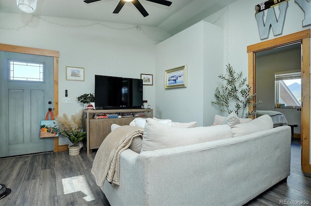 146 Raven Way, Buena Vista, CO 81211 - living area with a ceiling fan, dark wood-type flooring, and a towering ceiling