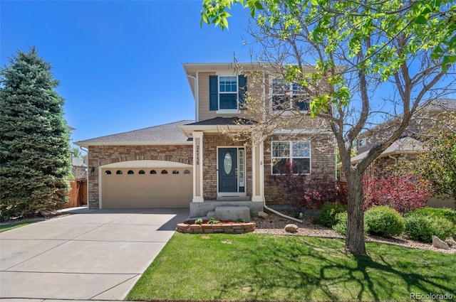 24738 E Layton Pl, Aurora, CO 80016 - view of front facade with a garage, stone siding, and driveway