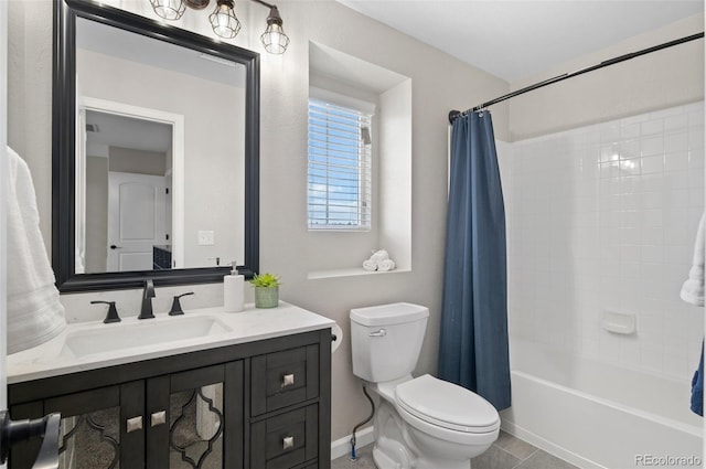 24738 E Layton Pl, Aurora, CO 80016 - bathroom with toilet, vanity, shower / tub combo with curtain, tile patterned floors, and baseboards