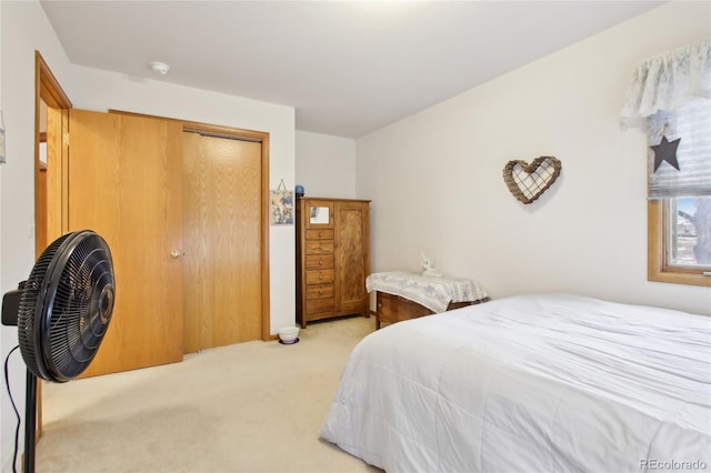 bedroom featuring light colored carpet and a closet