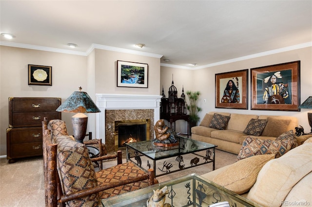 living area with light carpet, crown molding, and a premium fireplace