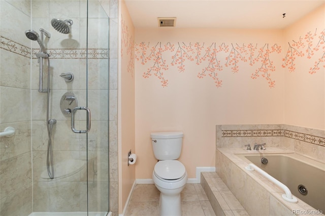 full bathroom featuring toilet, a garden tub, a shower stall, and visible vents