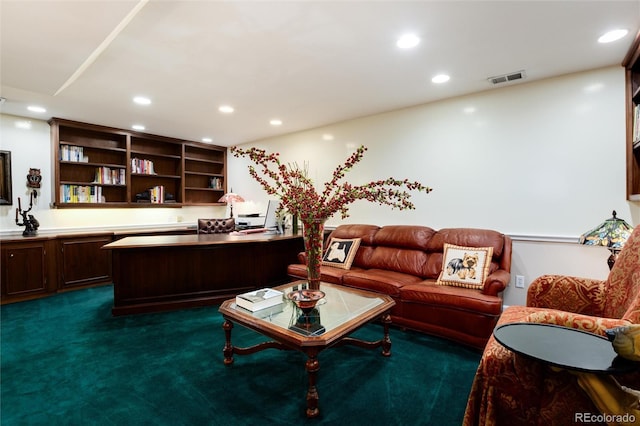 office area featuring visible vents, dark carpet, and recessed lighting