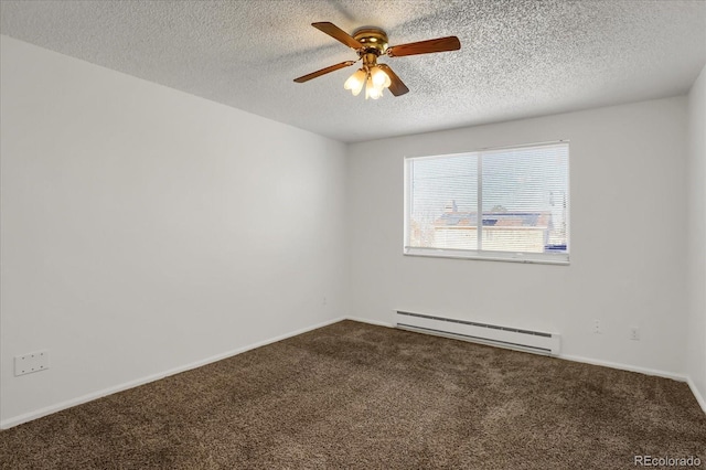 carpeted spare room with a baseboard heating unit, a textured ceiling, and ceiling fan