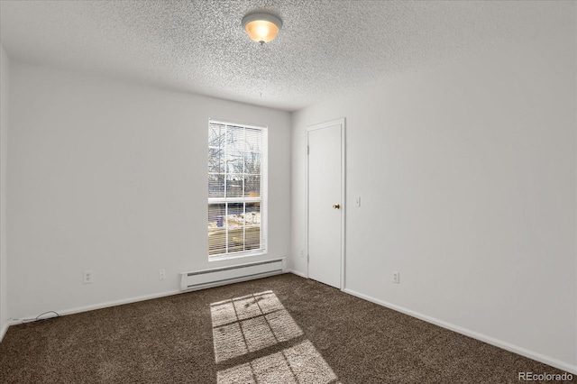 unfurnished room featuring a textured ceiling, baseboard heating, and carpet floors