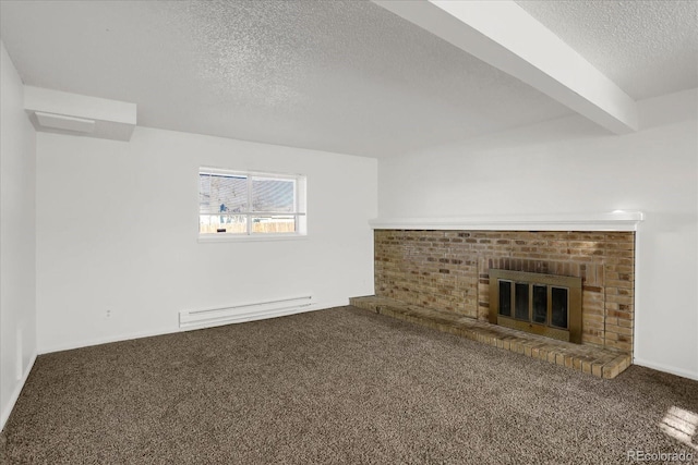 unfurnished living room featuring a textured ceiling, a fireplace, carpet, beamed ceiling, and a baseboard heating unit