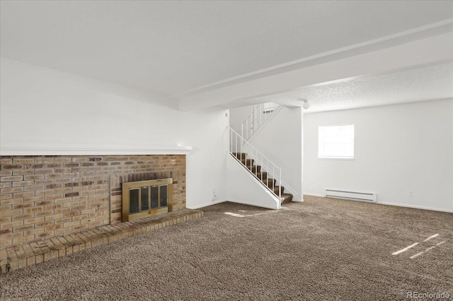 unfurnished living room with baseboard heating, carpet, and a fireplace