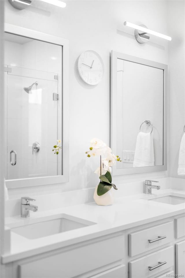 bathroom featuring double vanity, a stall shower, and a sink