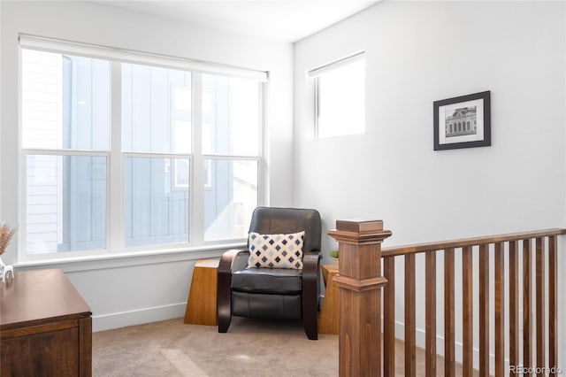 living area featuring baseboards and carpet