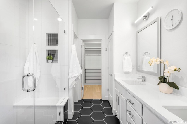 full bath featuring tile patterned flooring, a spacious closet, double vanity, a stall shower, and a sink