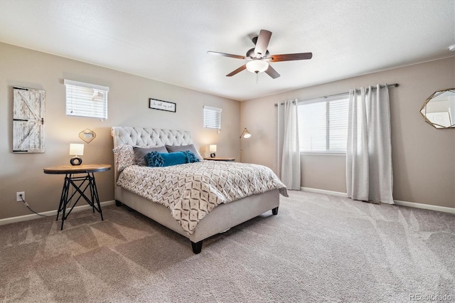 bedroom with multiple windows, ceiling fan, and carpet