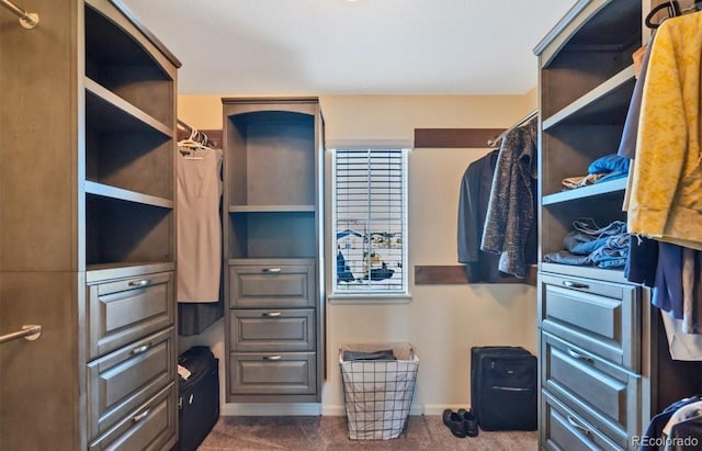 spacious closet featuring dark carpet