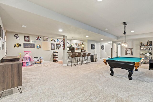 599 Fall River Ct, Brighton, CO 80601 - recreation room with bar, carpet, recessed lighting, and billiards table