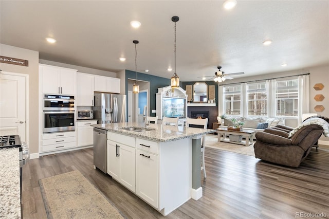 599 Fall River Ct, Brighton, CO 80601 - kitchen with stainless steel appliances, a ceiling fan, open floor plan, a glass covered fireplace, and dark wood finished floors