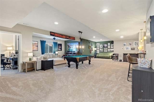 599 Fall River Ct, Brighton, CO 80601 - recreation room with carpet flooring, pool table, and recessed lighting