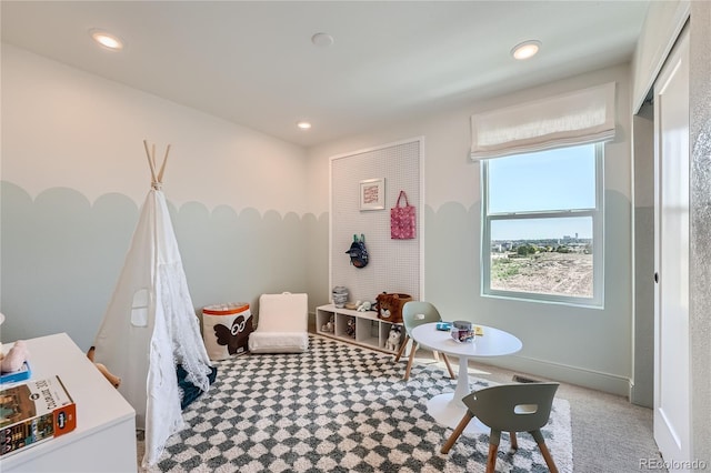 game room with carpet, baseboards, and recessed lighting