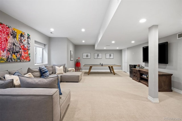 living room featuring light colored carpet