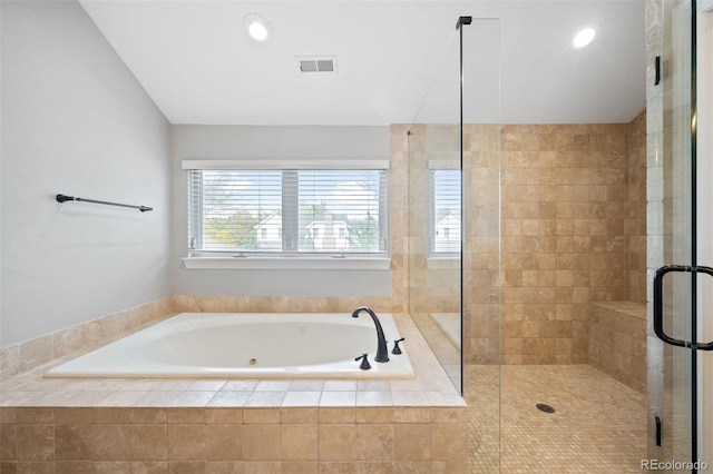 bathroom with plus walk in shower