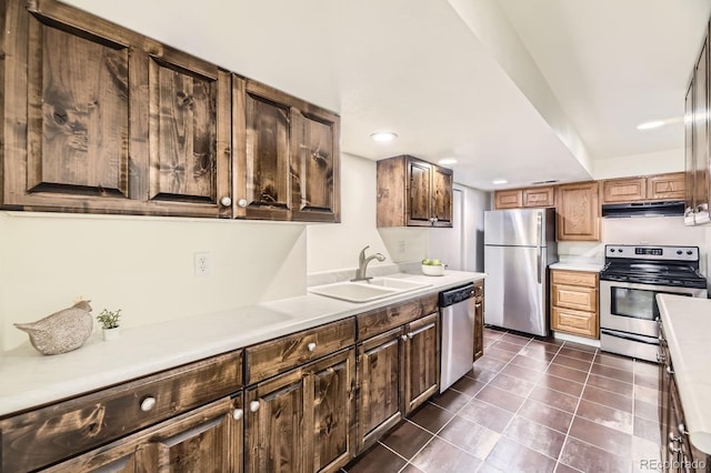 5475 W Ottawa Ave, Littleton, CO 80128 - kitchen with appliances with stainless steel finishes, under cabinet range hood, light countertops, a sink, and dark tile patterned flooring