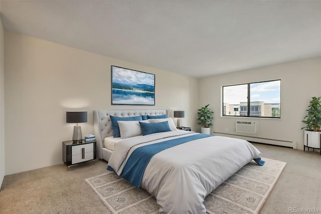 14001 E Marina Dr Unit 606, Aurora, CO 80014 - bedroom featuring light carpet, a baseboard radiator, and a wall mounted air conditioner