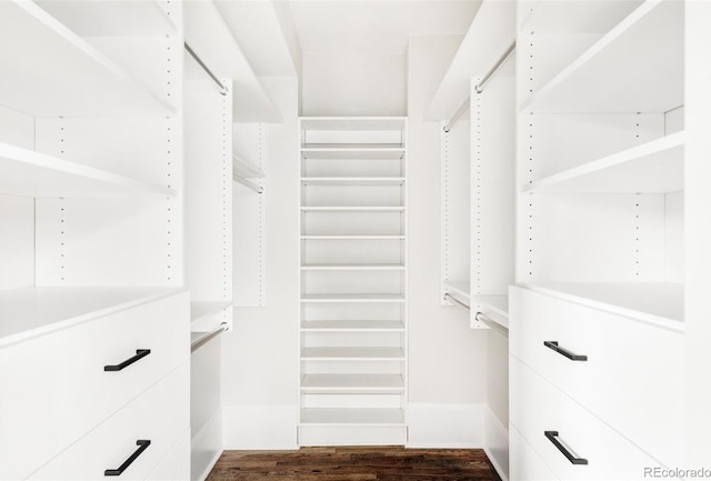 walk in closet with dark hardwood / wood-style flooring