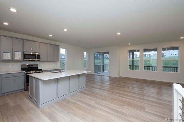 kitchen with a kitchen island with sink, stainless steel appliances, light hardwood / wood-style floors, and gray cabinetry