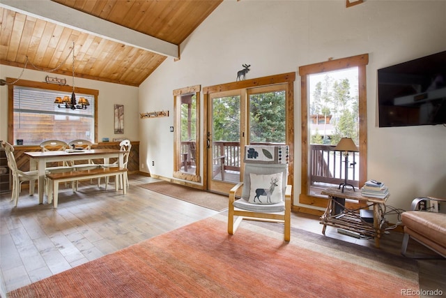 sitting room featuring hardwood / wood-style floors, beam ceiling, wood ceiling, and an inviting chandelier